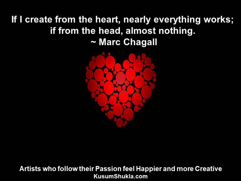 Heart on black background and Marc Chagall quote on creating from the heart