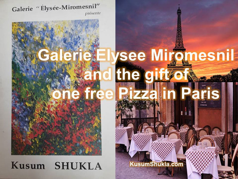 Kusum Shukla exhibition card for Galerie Elysee Miromesnil with background of Eifel Tower and Bistro